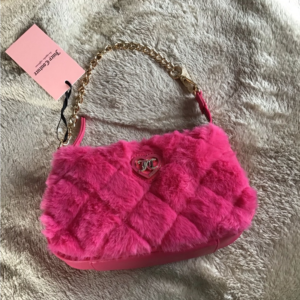 Juicy Couture Mini Fluffy Pink Wristlet Bag with chain and pockets New with tag